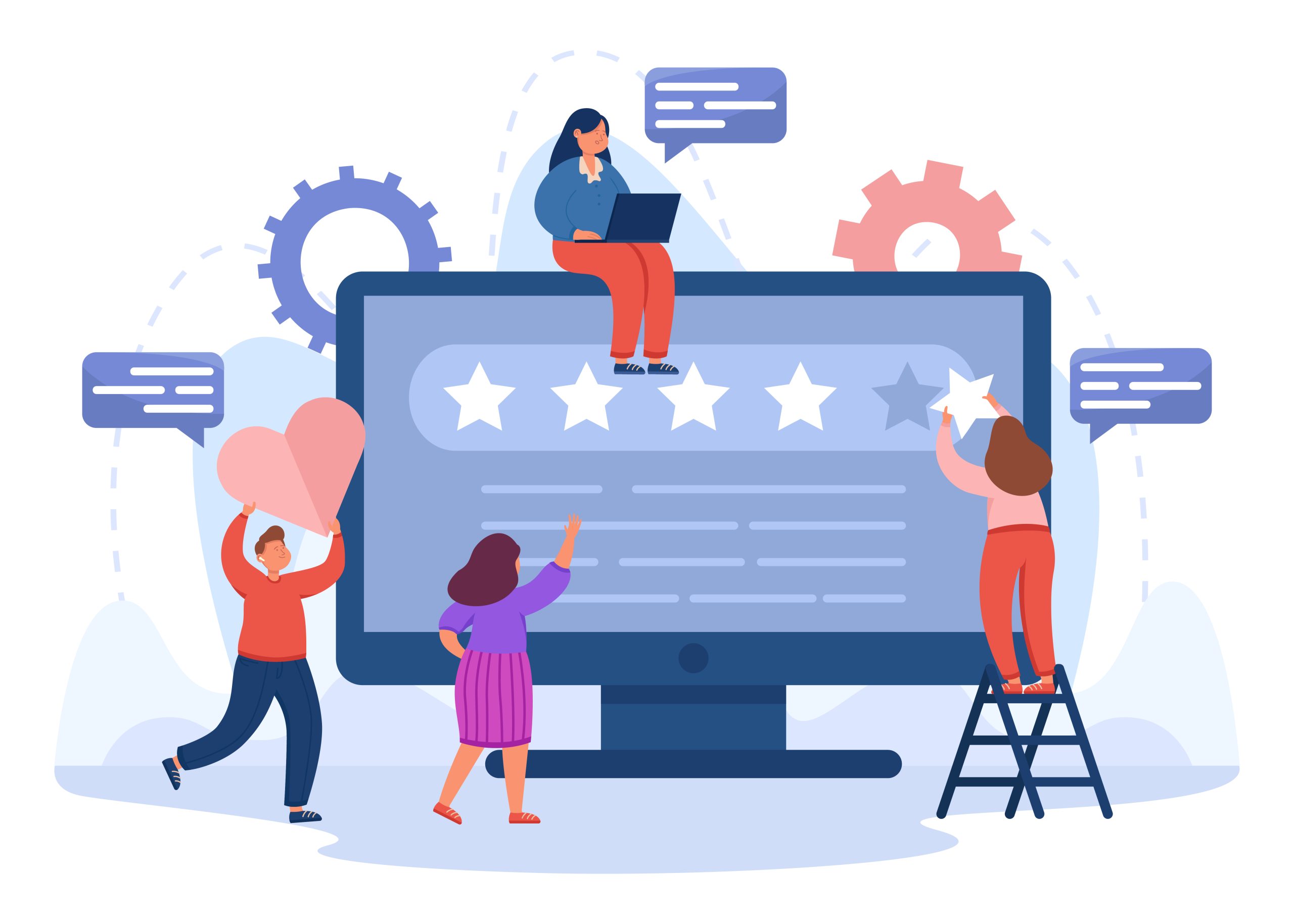 Team of analysts working on brand reputation in social media. Tiny male and female managers holding ranking star and heart flat vector illustration. Insight in analytics, seo management concept